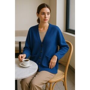 DKNY Jeans 100% Wool Cardigan Sweater Blue M Hong Kong Vintage Oversized Pockets